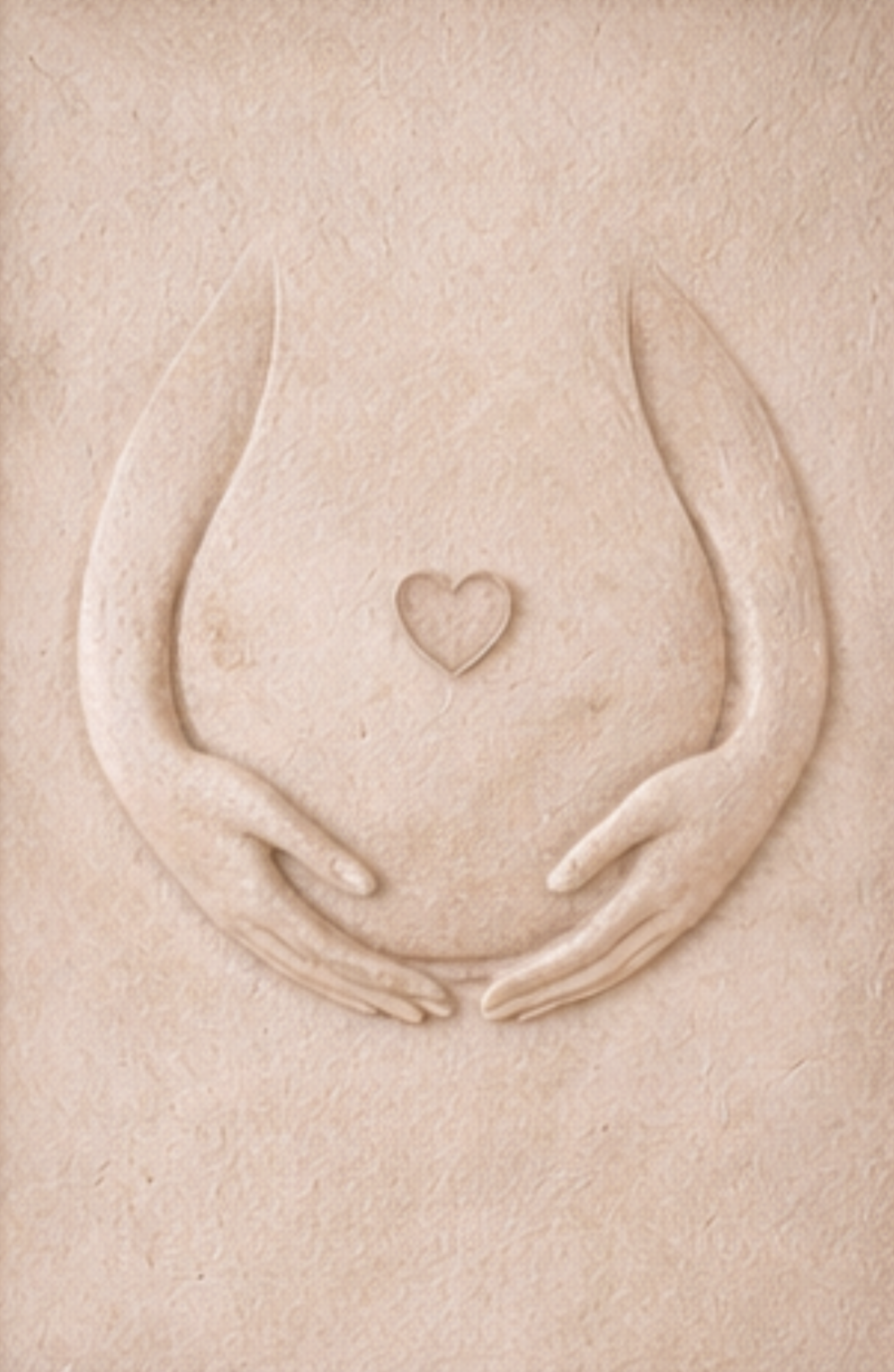 Sand sculpture of hands forming a heart shape around a smaller heart on a sandy surface.