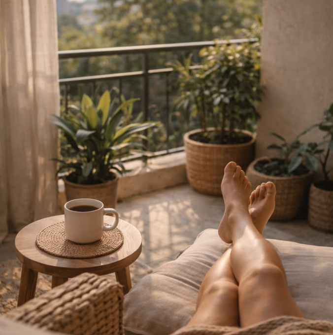 Person relaxing on a couch with feet up, a cup of coffee on a small wooden table, and potted plants on a balcony with sunlight filtering through.