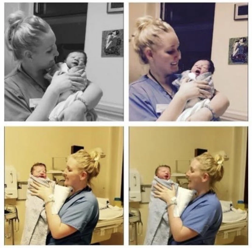 A collage of four images showing a woman holding a crying newborn baby. The top row features the woman in black and white on the left and in color on the right; the bottom row shows her holding a crying baby in a hospital setting, with an older woman smiling at the baby in the right image.
