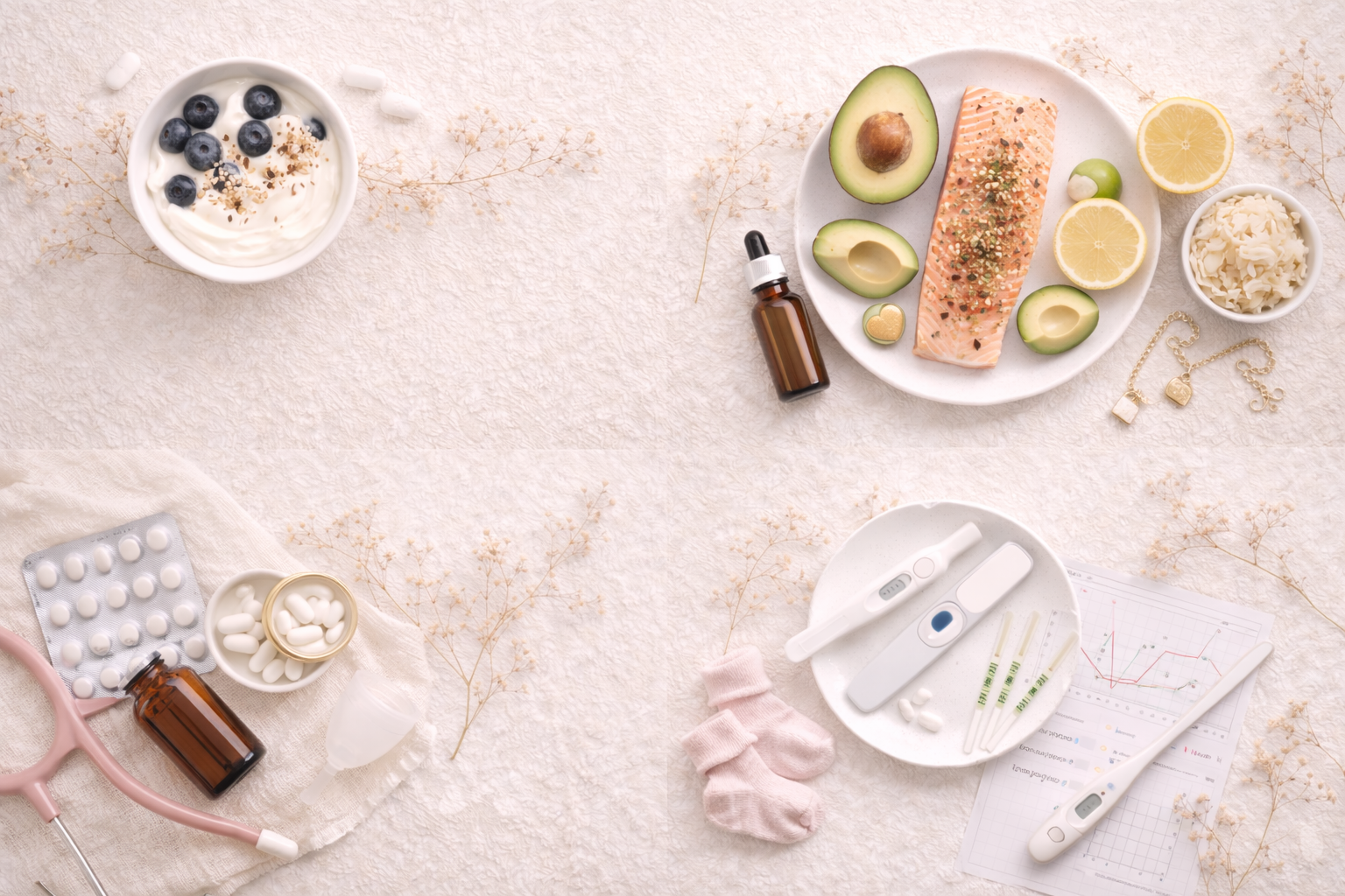 Flat lay of health and wellness items including a thermometer, medication, baby socks, and nutritious food like salmon, avocado, lemon, and yogurt with blueberries, arranged on a soft beige background.