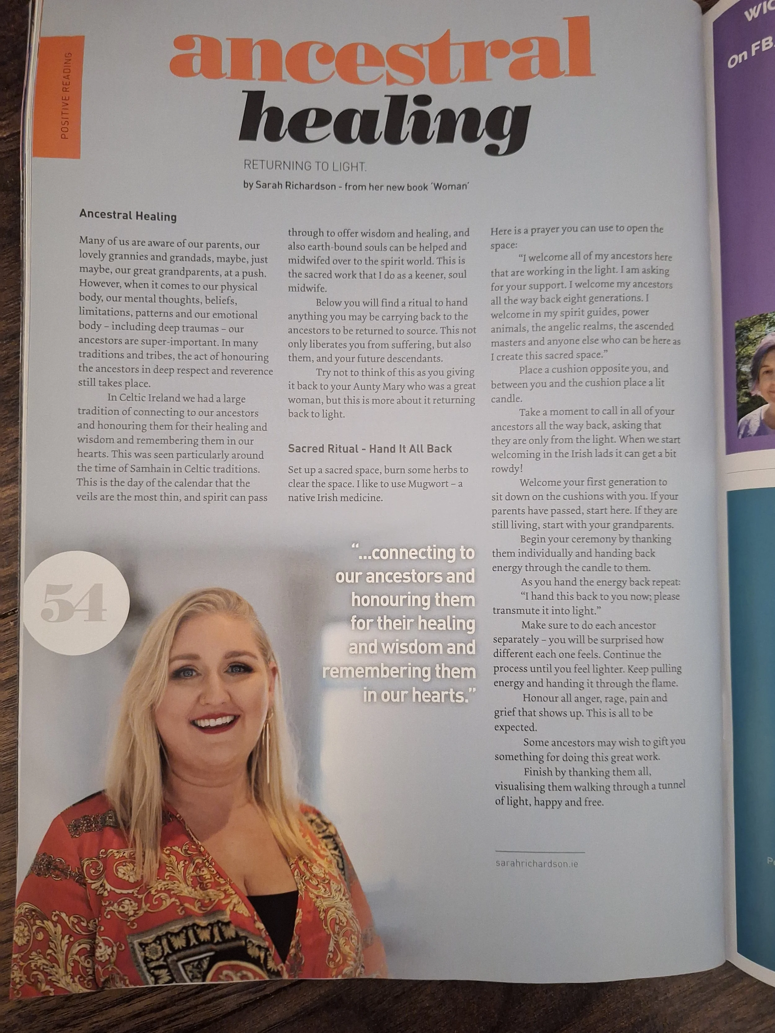 Magazine page about ancestral healing, featuring a woman with blonde hair smiling, wearing a red patterned top, and a quote about connecting to ancestors for healing.