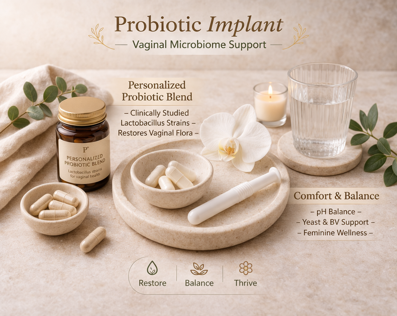A display of probiotic supplements for vaginal health including a bottle labeled 'Personalized Probiotic Blend,' capsules in small bowls, and a suppository, with a glass of water, a candle, and an orchid flower on a neutral background, promoting vaginal microbiome support, balance, and wellness.