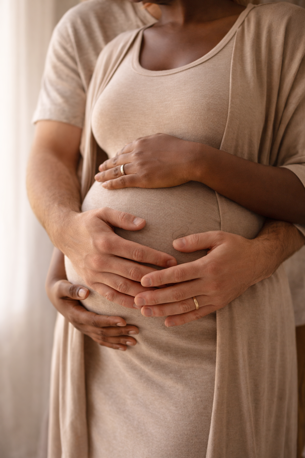 Close-up of pregnant woman and partner's hands gently cradling her baby bump, both wearing wedding rings, in soft neutral tones.