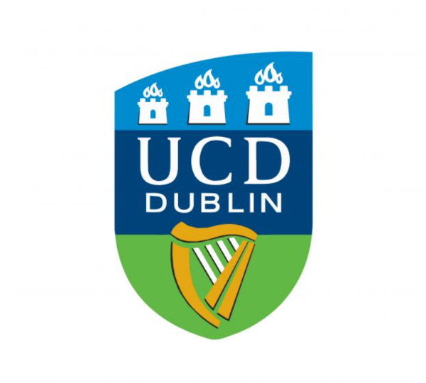 University College Dublin (UCD) Dublin crest featuring three white castles, blue background, and a harp at the bottom.