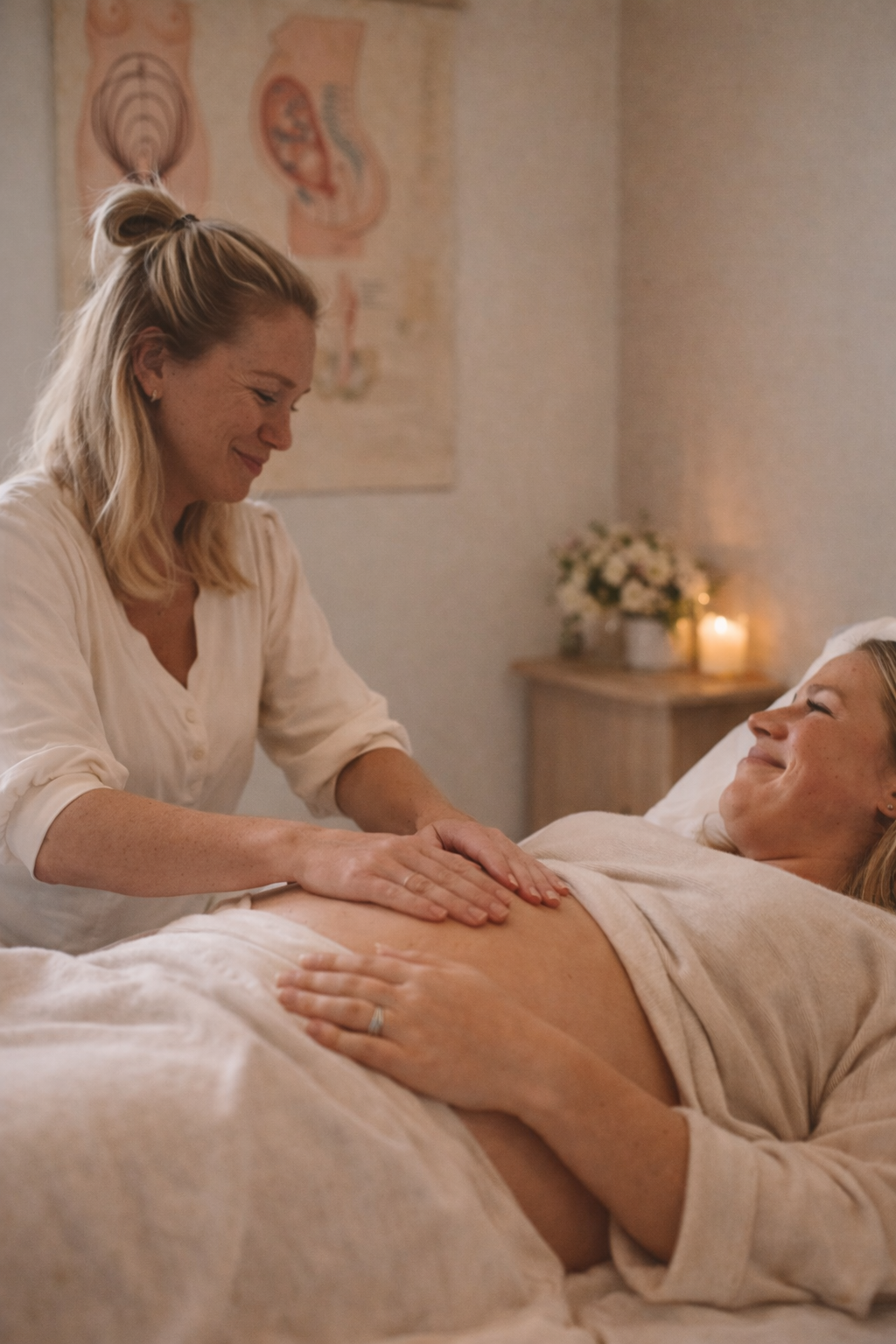 A woman giving a massage to another woman lying on a bed in a cozy room with flowers, candles, and anatomical posters on the wall.