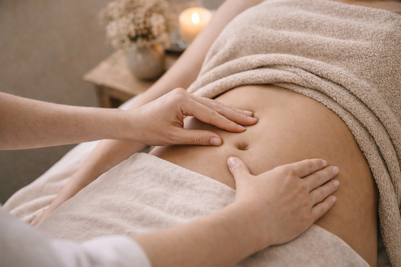 Close-up of a person receiving a belly massage in a spa, with a candle and flowers in the background.