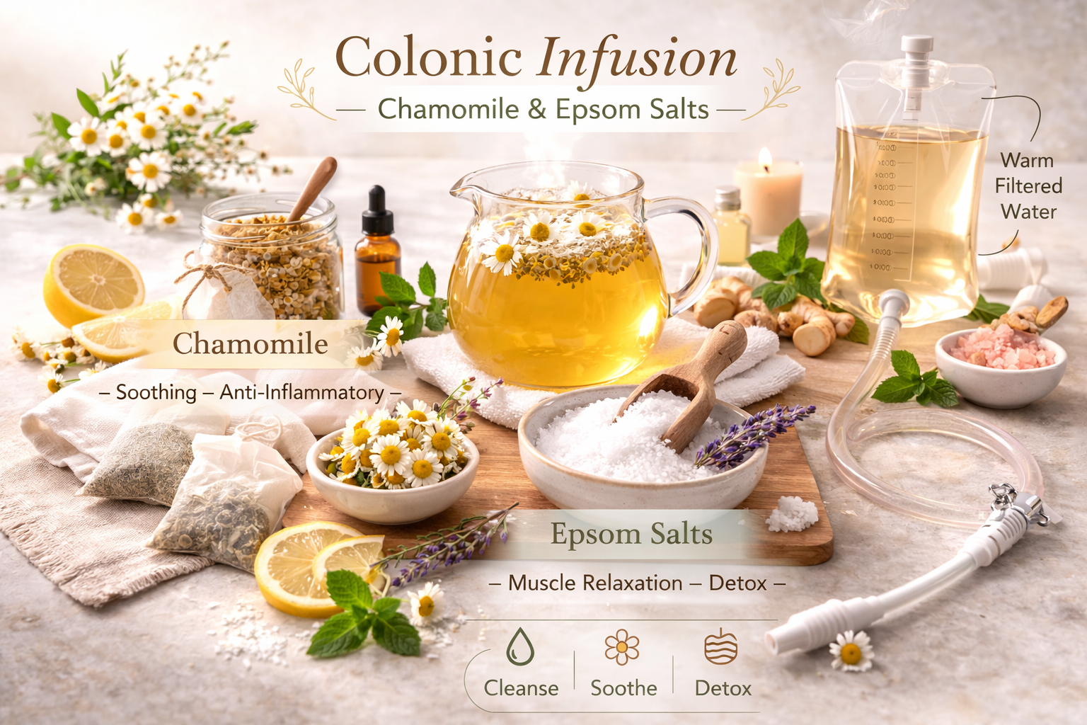 An arrangement of chamomile flowers, lemon slices, Epsom salts, and herbal ingredients for colonic infusion, with a glass teapot, warm filtered water, and various herbal remedies on a light-colored surface.