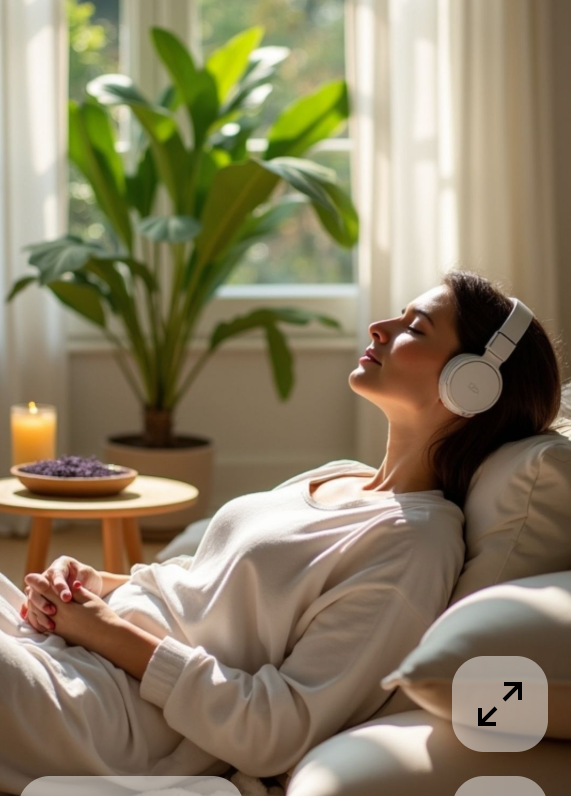 A woman relaxing on a sofa with headphones on, eyes closed, in a cozy living room with a large green plant, a lit candle, and a bowl of purple flowers on a side table.