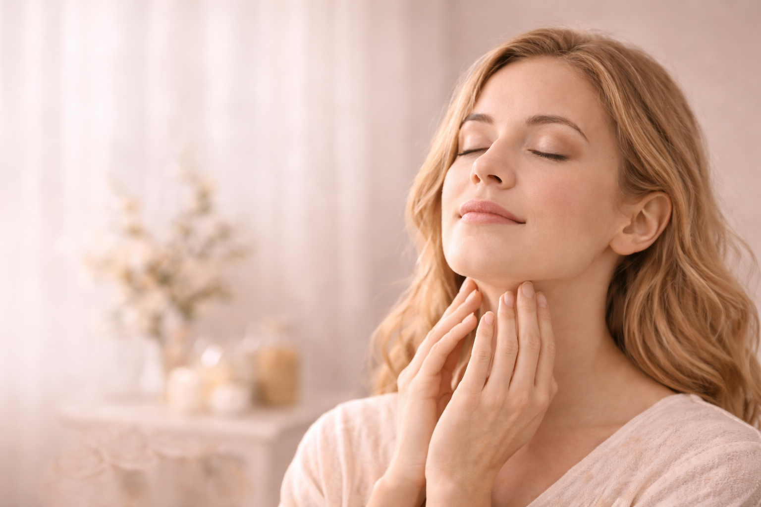 A woman with red hair gently touching her neck with her eyes closed, appearing relaxed in a soft light setting.