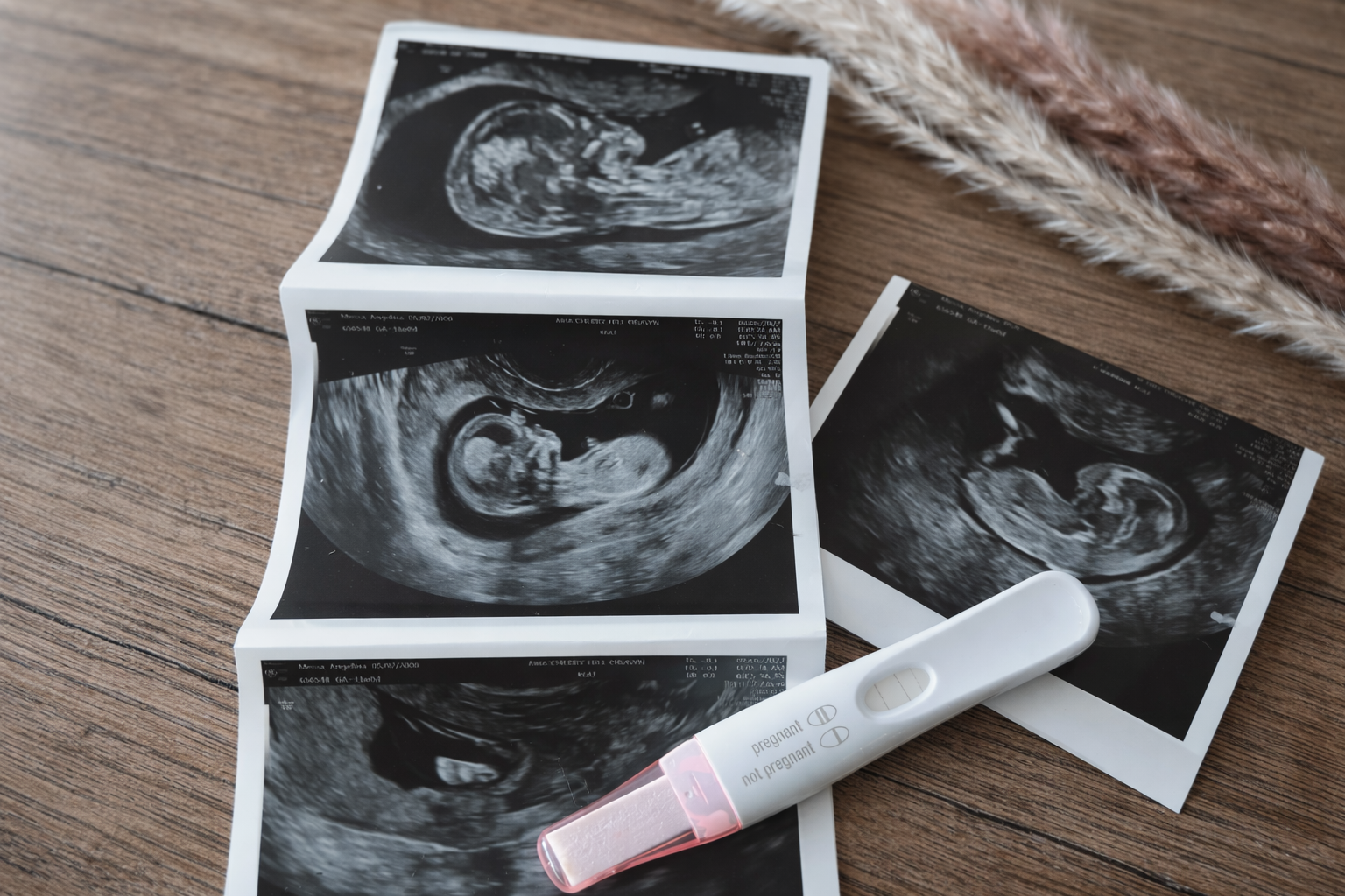 Multiple black-and-white ultrasound images of a developing fetus on a wooden surface, with a positive pregnancy test showing a plus sign placed on top.