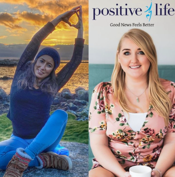 A split image showing a woman practicing yoga outdoors at sunset on the left, and a smiling woman sitting indoors in front of a "positive life" banner on the right.
