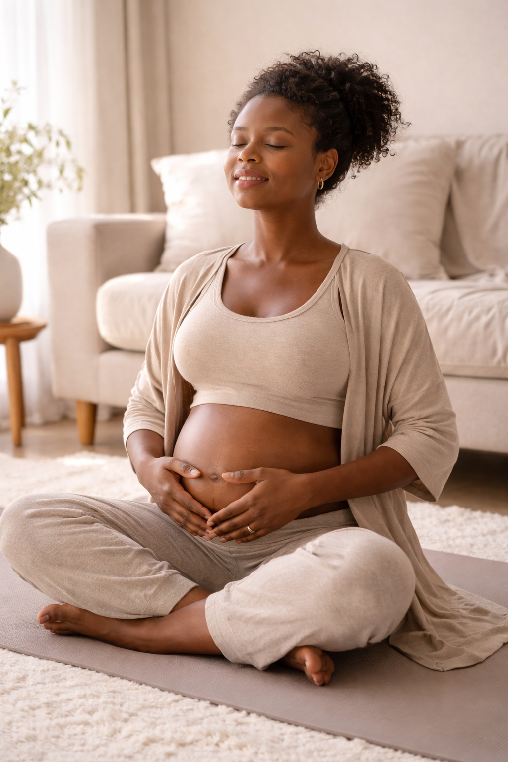 A pregnant woman in beige clothing practicing meditation in a cozy living room.
