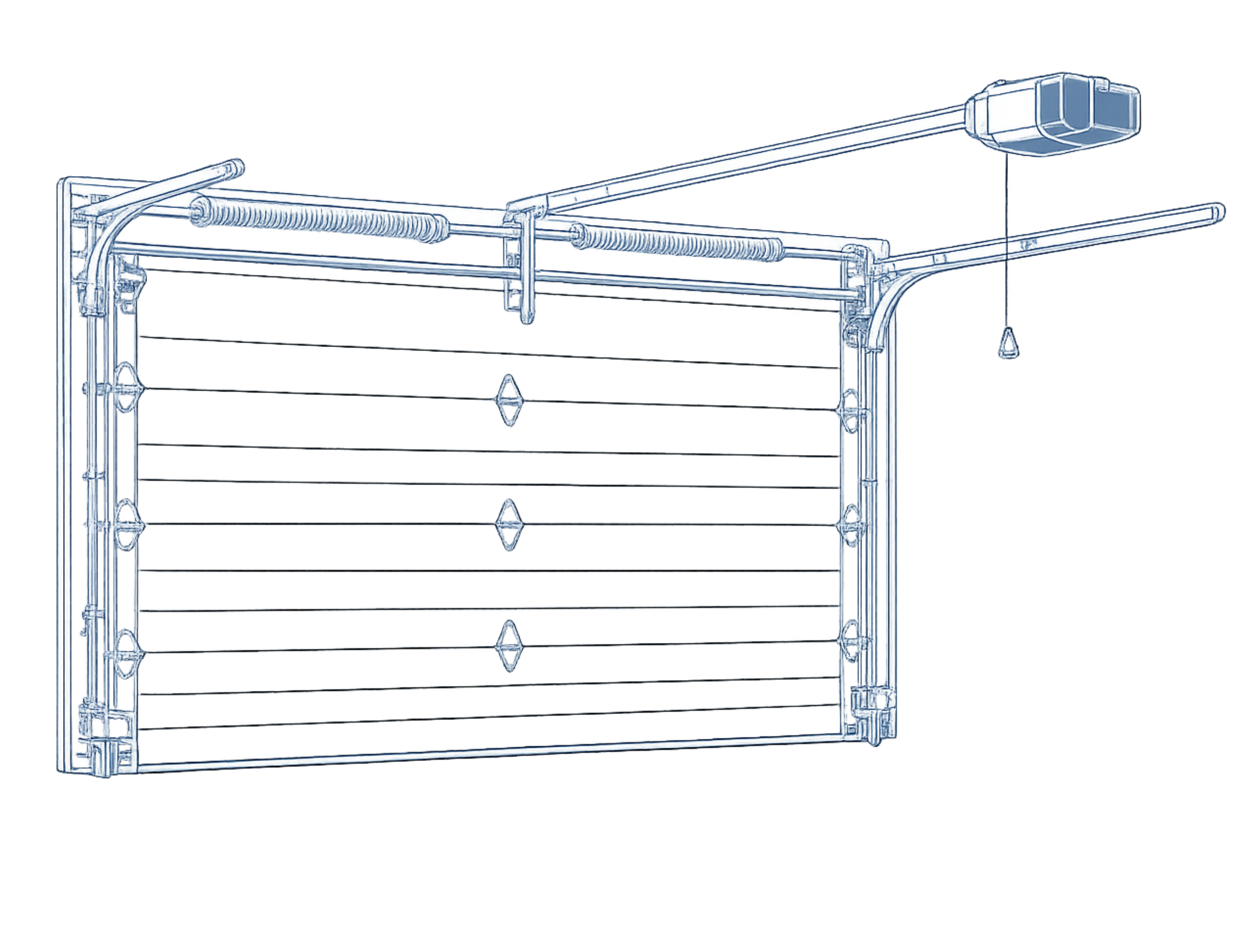 Blueprint drawing of a garage door opener mechanism with tracks, rollers, and motor housing.
