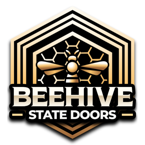 Logo with a bee and hexagon honeycomb pattern, text reading 'Beehive State Doors'.