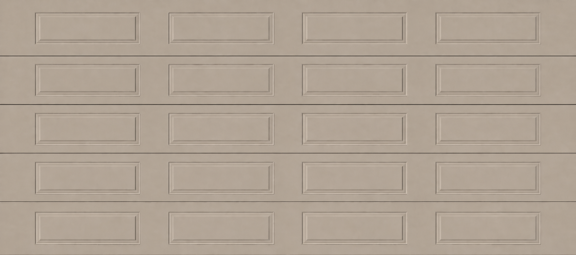 A beige garage door with rectangular panels arranged in rows and columns.