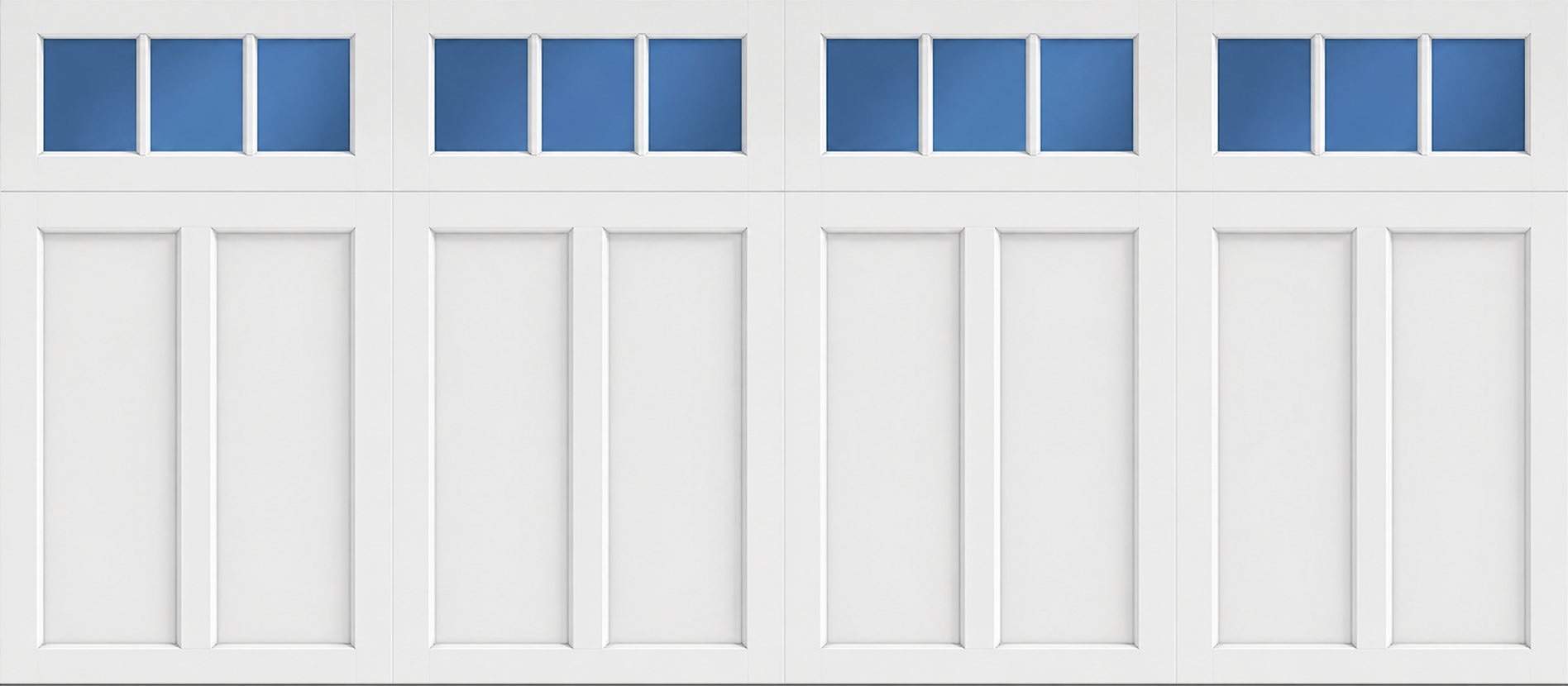 White garage door with nine windows at the top, featuring blue glass panes.