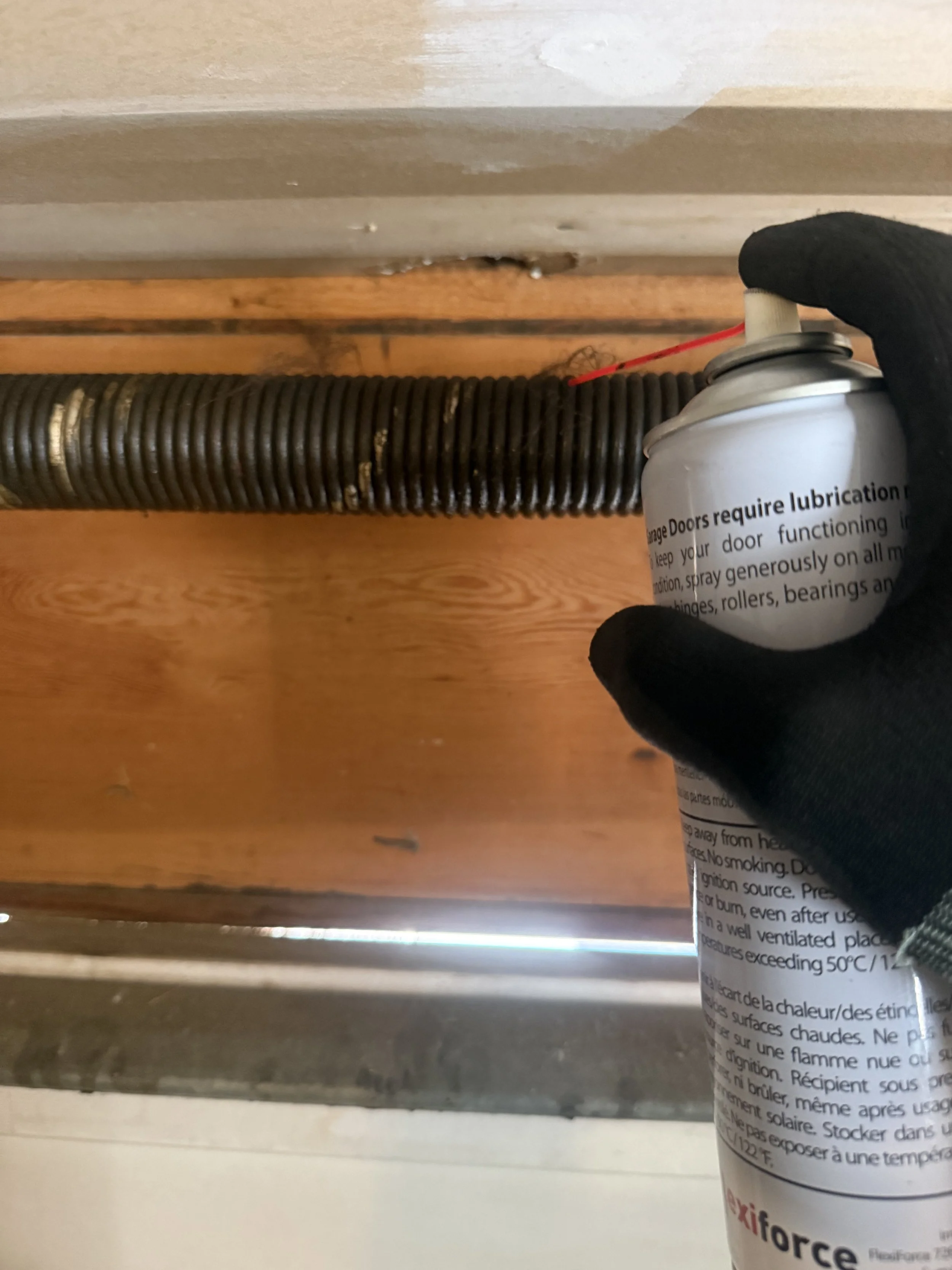 Garage door tune-up service showing lubrication applied to a torsion spring