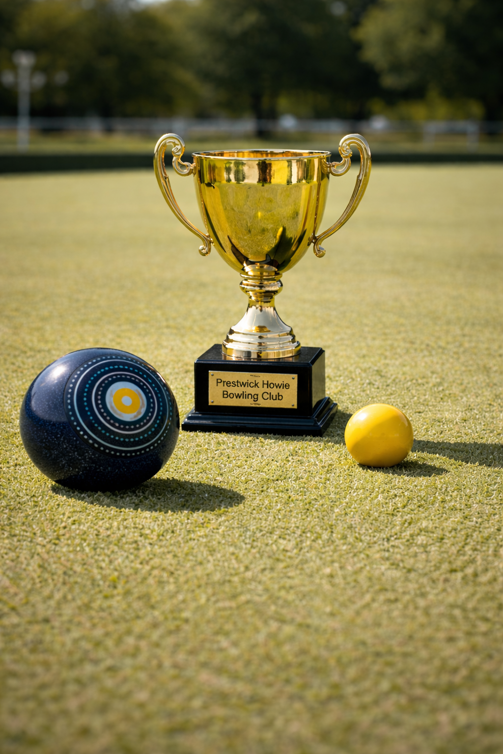 A gold trophy with two handles sits on a well kept bowling green, engraved “Prestwick Howie Bowling Club,” with a navy lawn bowl and yellow jack placed beside it.