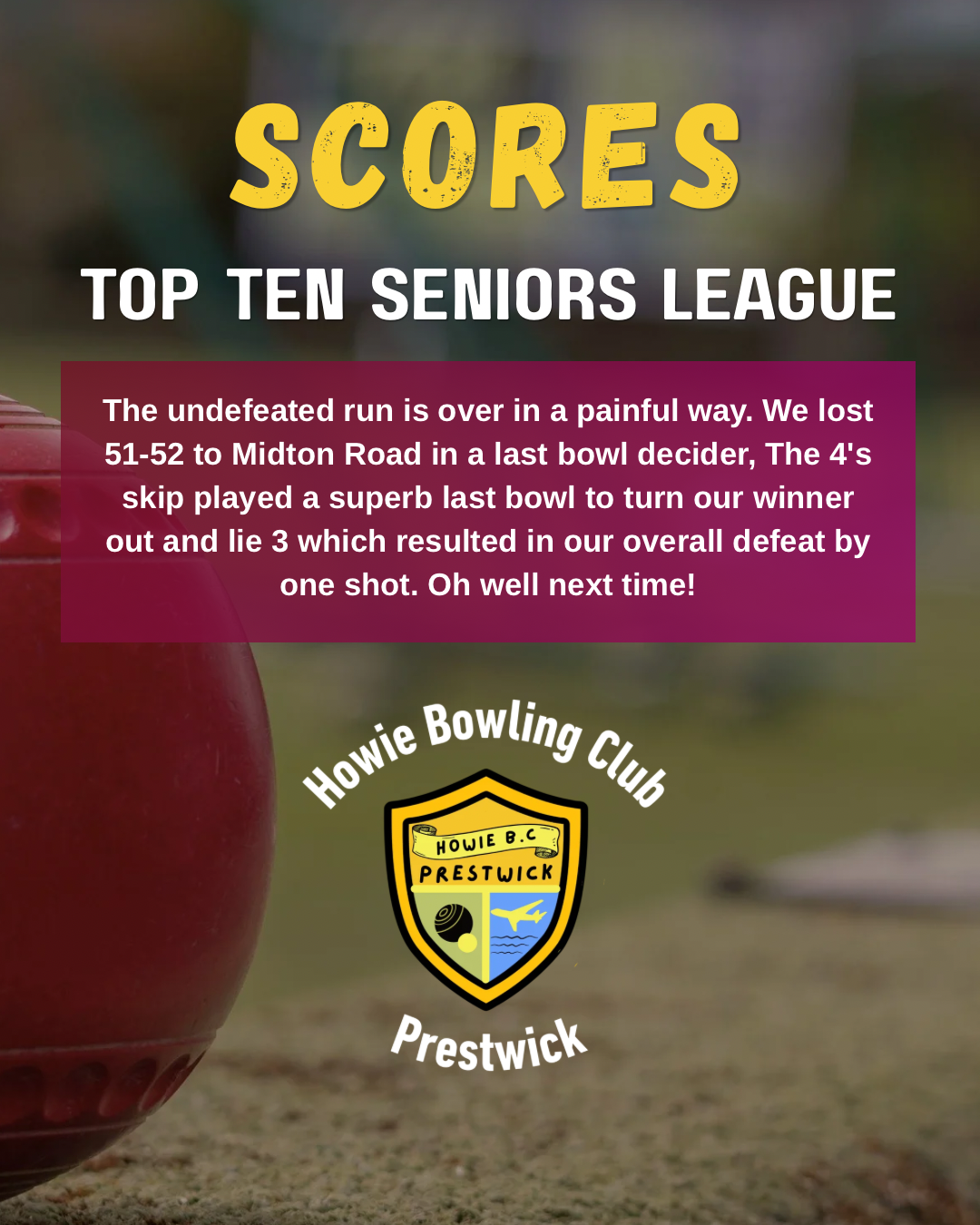 The undefeated run is over in a painful way. We lost 51-52 to Midton Road in a last bowl decider, The 4's skip played a superb last bowl to turn our winner out and lie 3 which resulted in our overall defeat by one shot. Oh well next time!