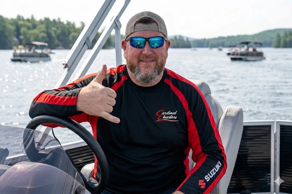 A man with a beard wearing sunglasses, a baseball cap, and a black and red shirt giving a thumbs-up while sitting on a boat on a lake with boats and green hills in the background.