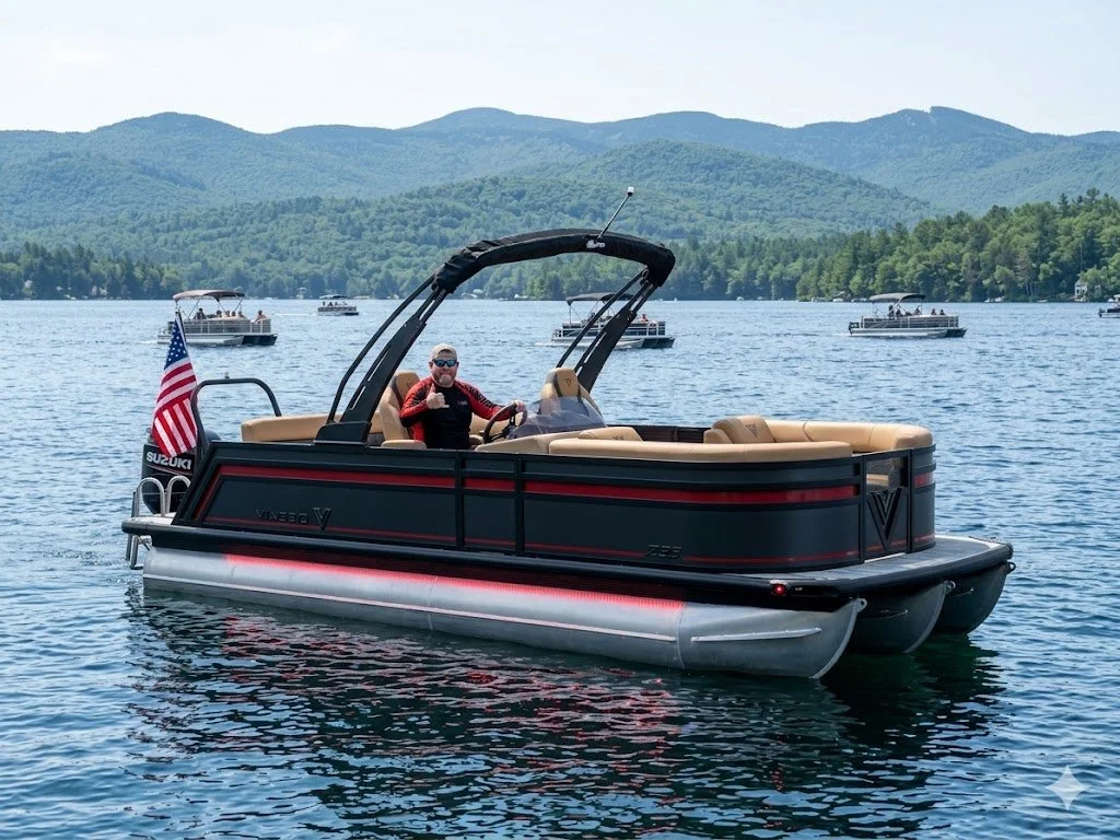A man sitting on a pontoon boat on a lake, giving a thumbs-up, with mountains and several other boats in the background.