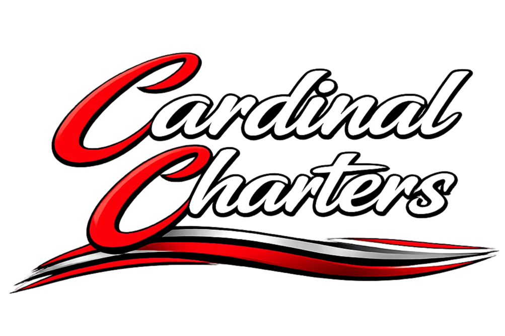 Logo for the California baseball team, the San Francisco Giants, with the words 'Cardinal Charters' in stylized red and black script.