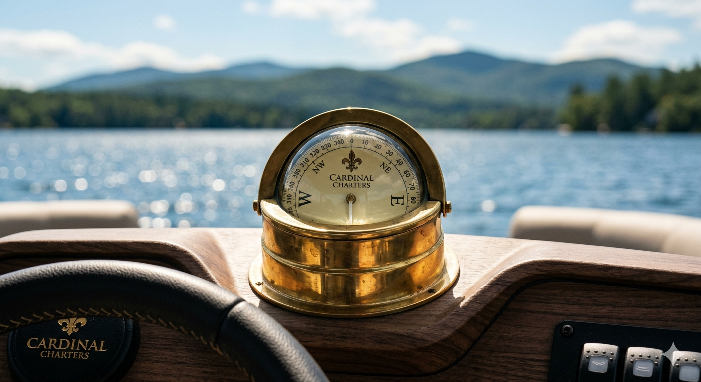 Close-up of a polished brass nautical compass on the wood-grain dash of a luxury 2026 Viaggio tritoon, overlooking the blue waters of Lake Winnipesaukee in New Hampshire.