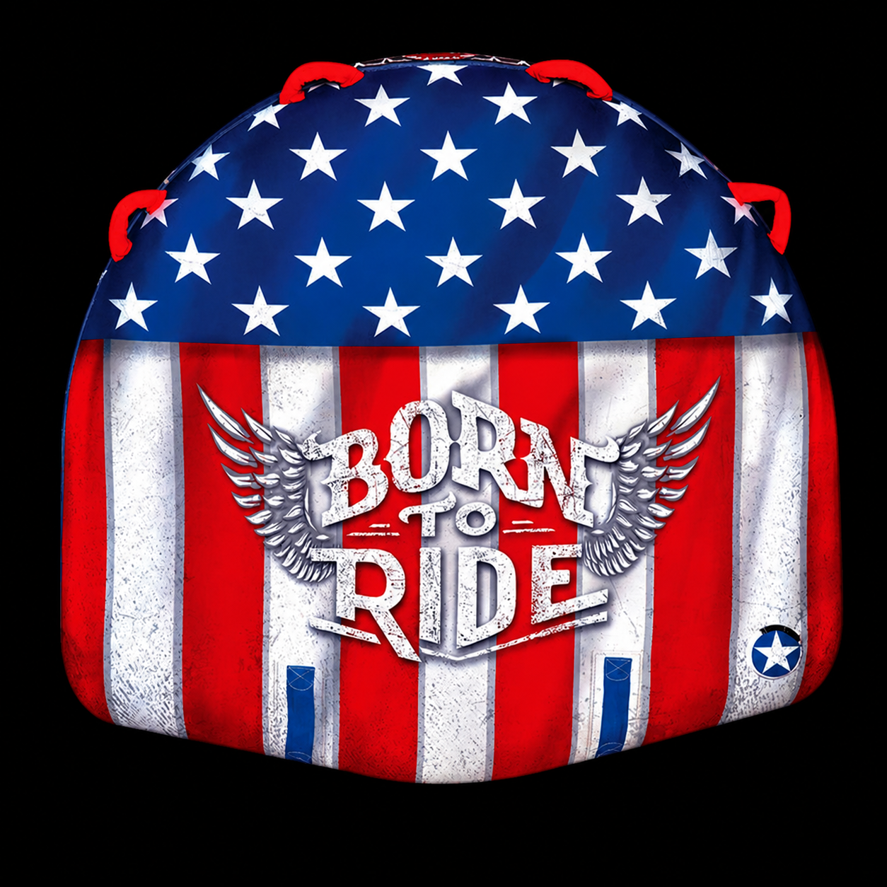 Two person Inflatable Tube decorated with American flag colors and stars, featuring text that says 'Born to Ride' with wing graphics.