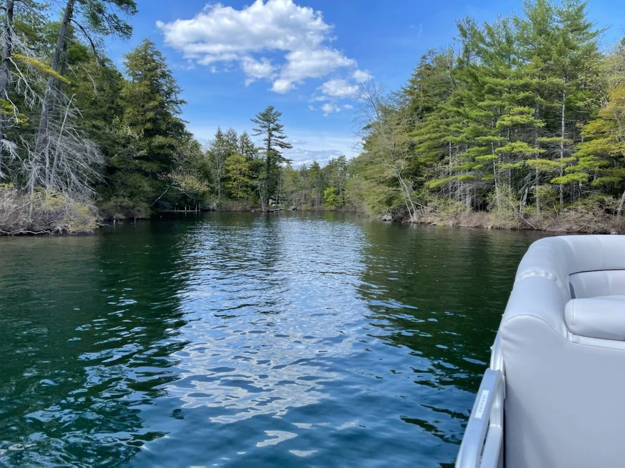 A peaceful lake surrounded by dense green trees, with a partly cloudy blue sky overhead, taken from a boat with part of a white seat visible in the lower right corner.