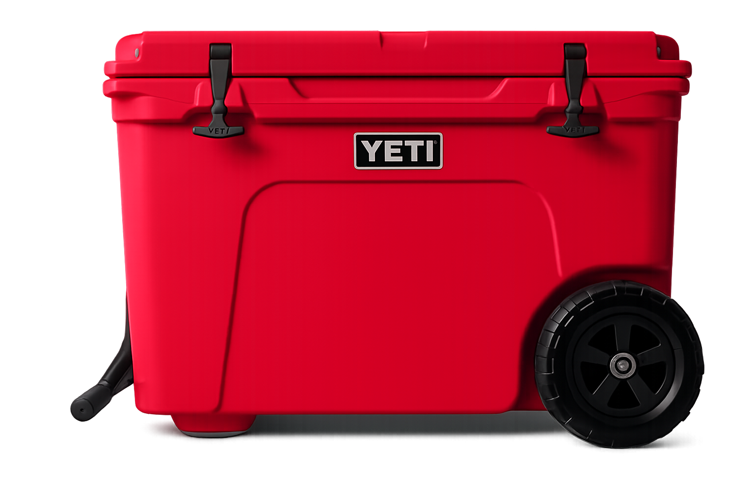 Red YETI cooler with black handles and wheels