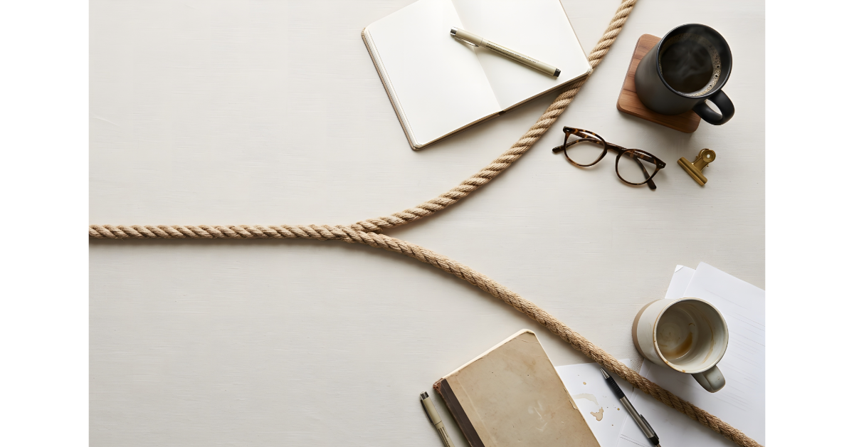 Two notebooks on a desk with a rope that leads from the left to the right and splits in the middle one half to each notebook