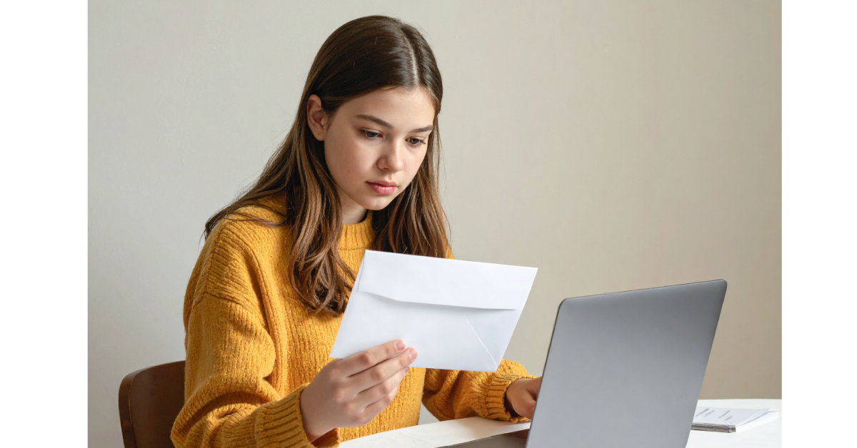 A college student or teenager opening an envelope or checking a laptop with a quiet, hopeful expression — calm, not dramatic. Suggests the arrival of financial aid news.