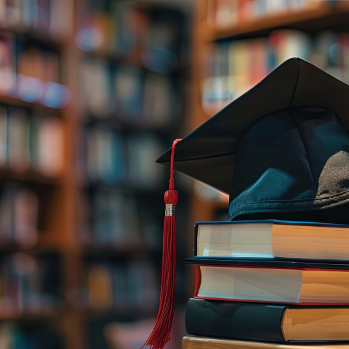 A black graduation cap with red tassel sits atop a stack of books on a table with full bookshelves blurred out in the background.