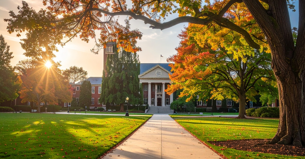 A wide shot of a college campus pathway or quad with seasonal fall colors.