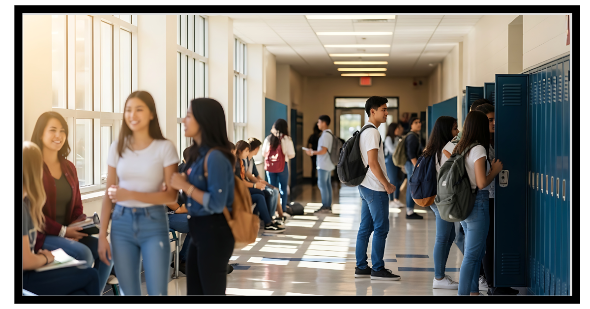 A school hallway with teens talking in groups.