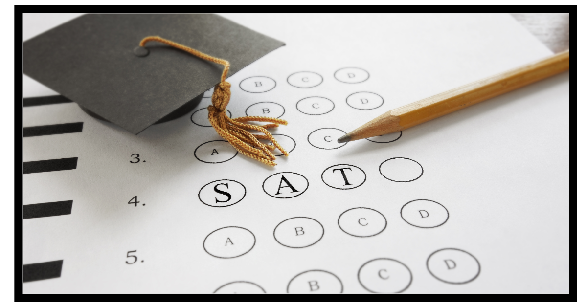 Graduation cap and pencil laying on a bubble sheet with the answer options spelling SAT