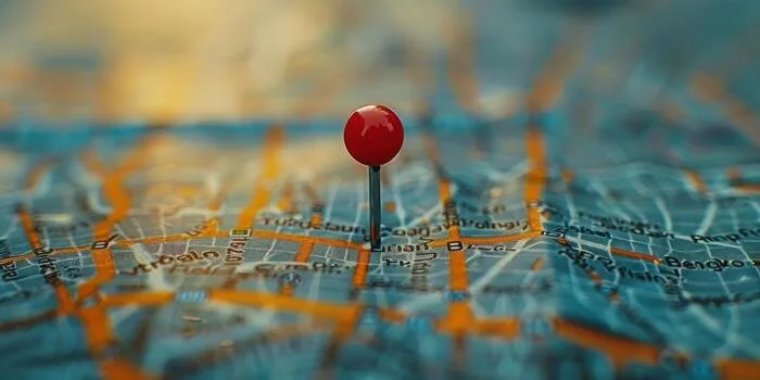 Close-up of a red pushpin marking a location on a city map with streets and place names.