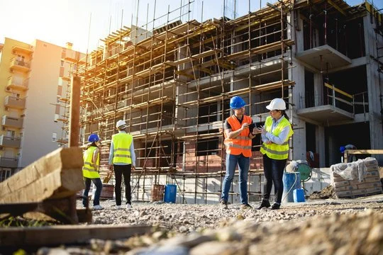 Construction site with workers in safety gear discussing in front of a building under construction.
