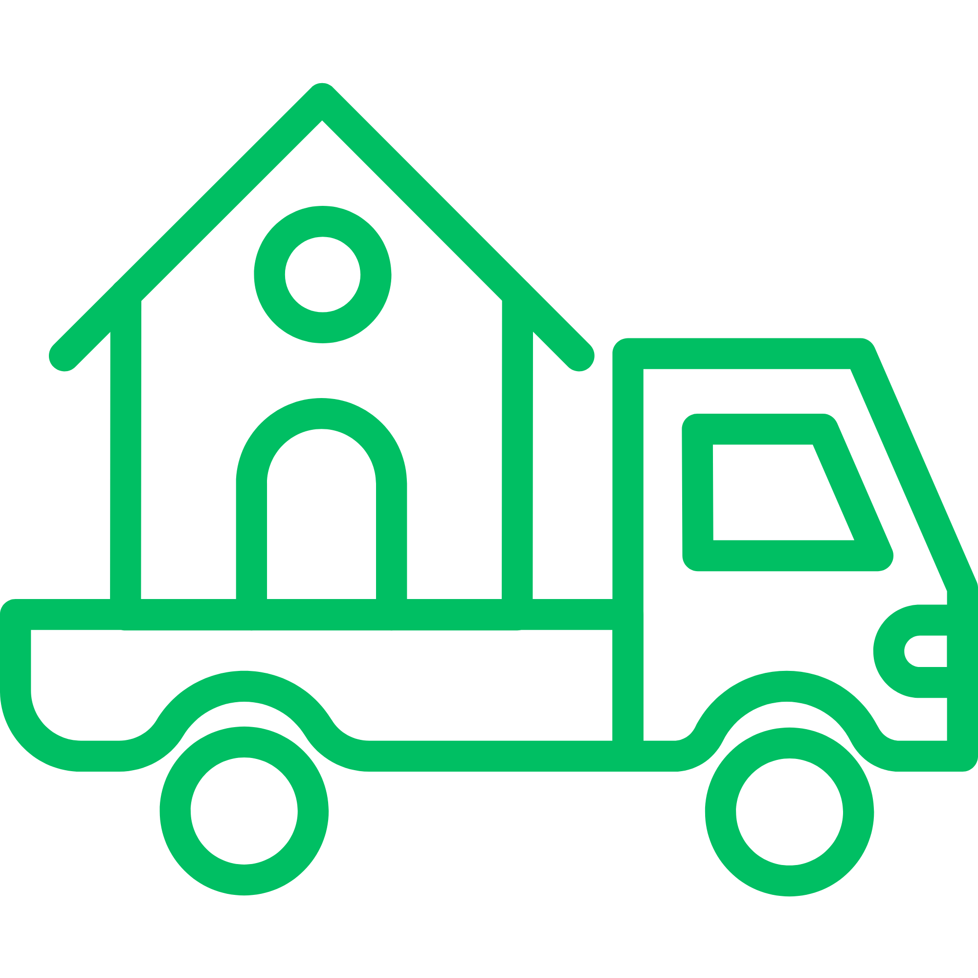Green outline drawing of a house with a small window and arched doorway, mounted on a vehicle with two wheels, suggesting a house on a truck.