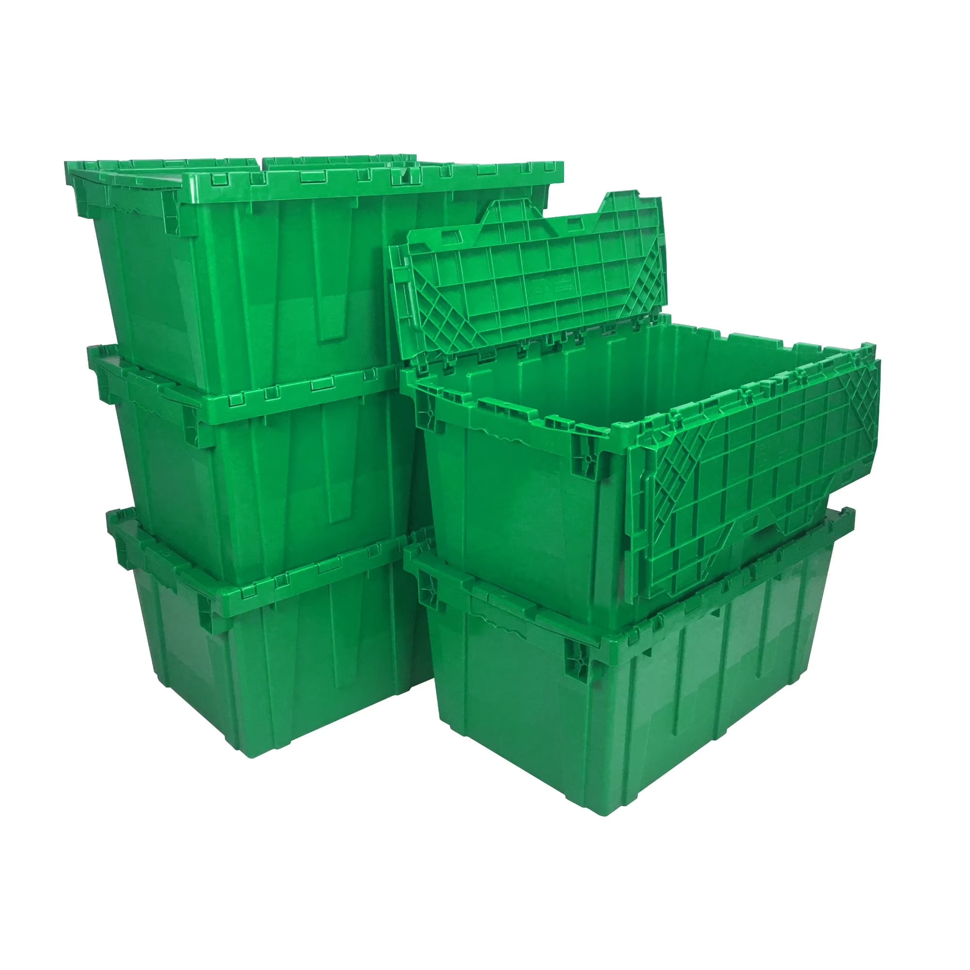 Green plastic storage crates stacked on top of each other.