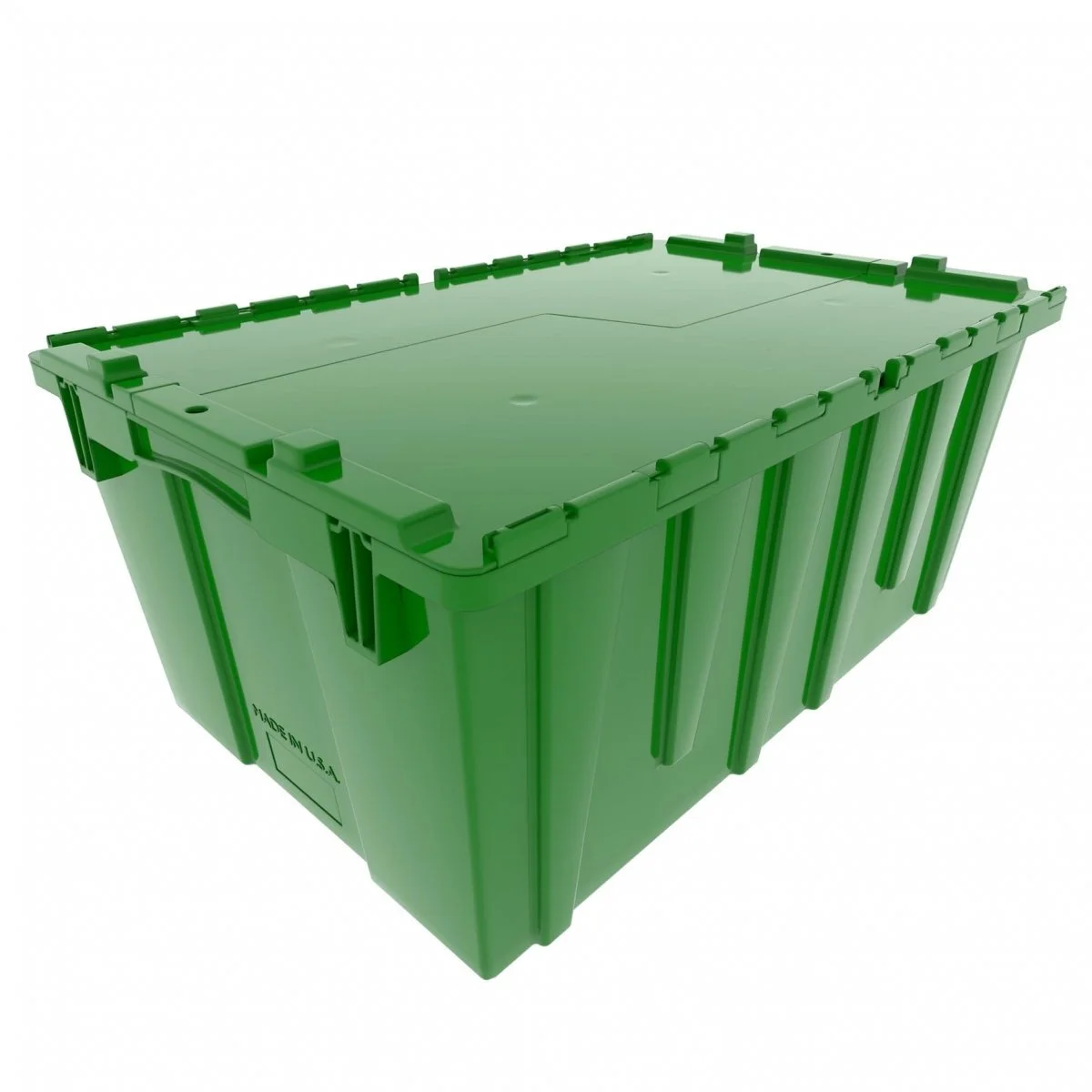 Green plastic storage bin with a closed lid, designed for organization or storage.