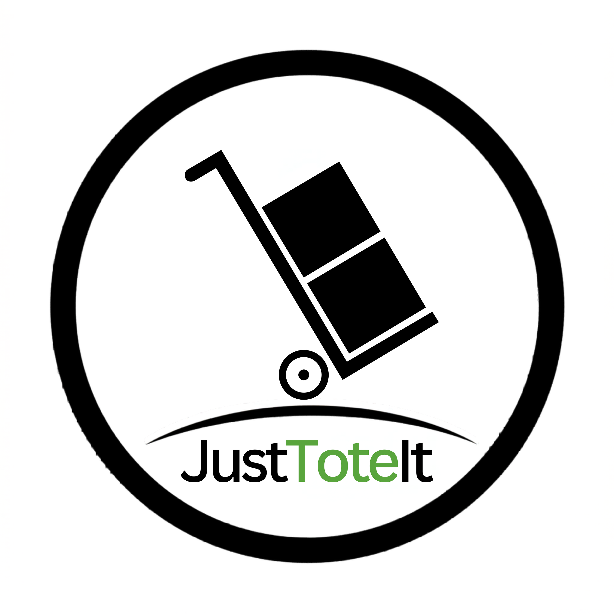 Black outline of a checkmark inside a circle, with the text "JustToteIt" below in black and green.