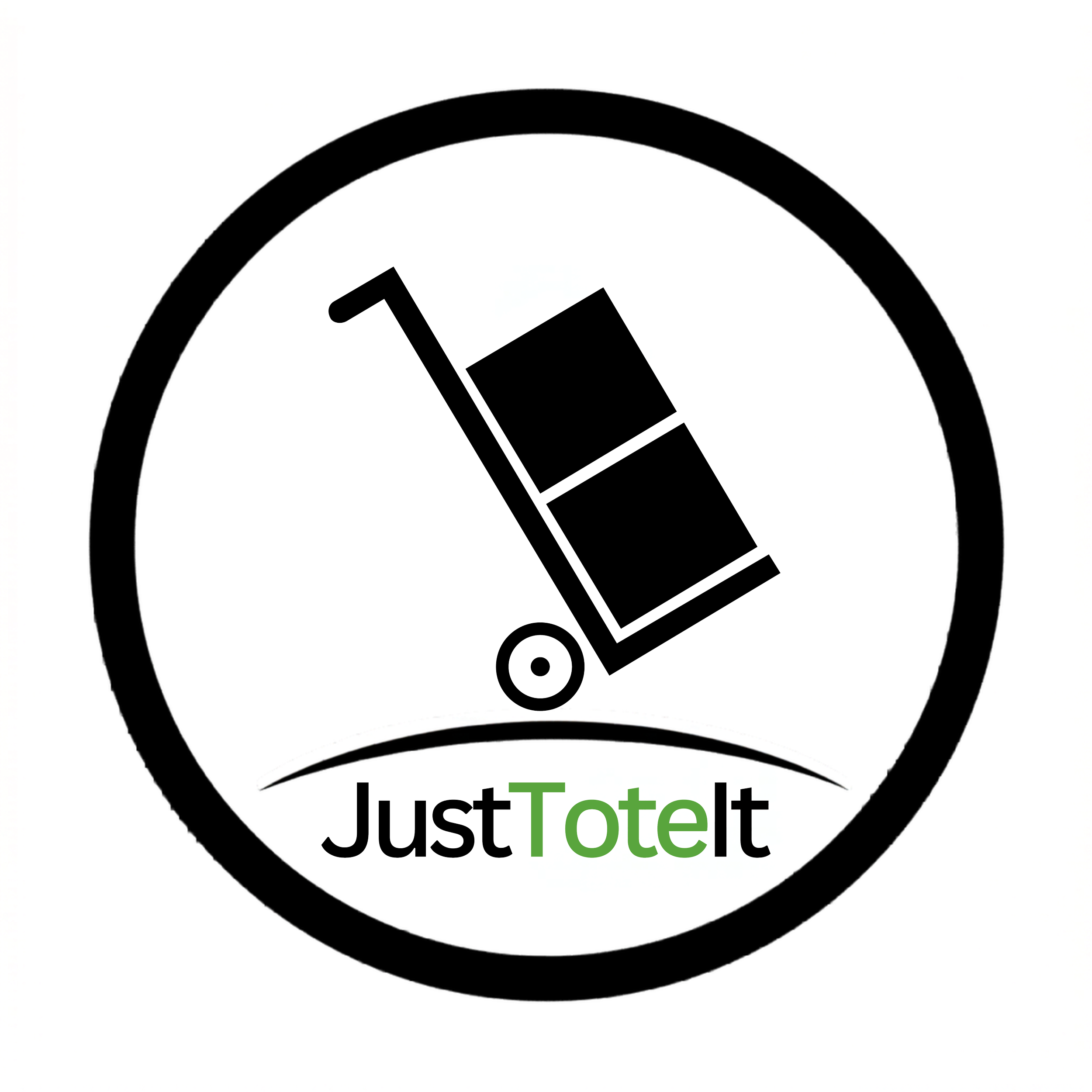 Black and white logo featuring a wrench inside a circle with the words "Just ToteIt" written below.