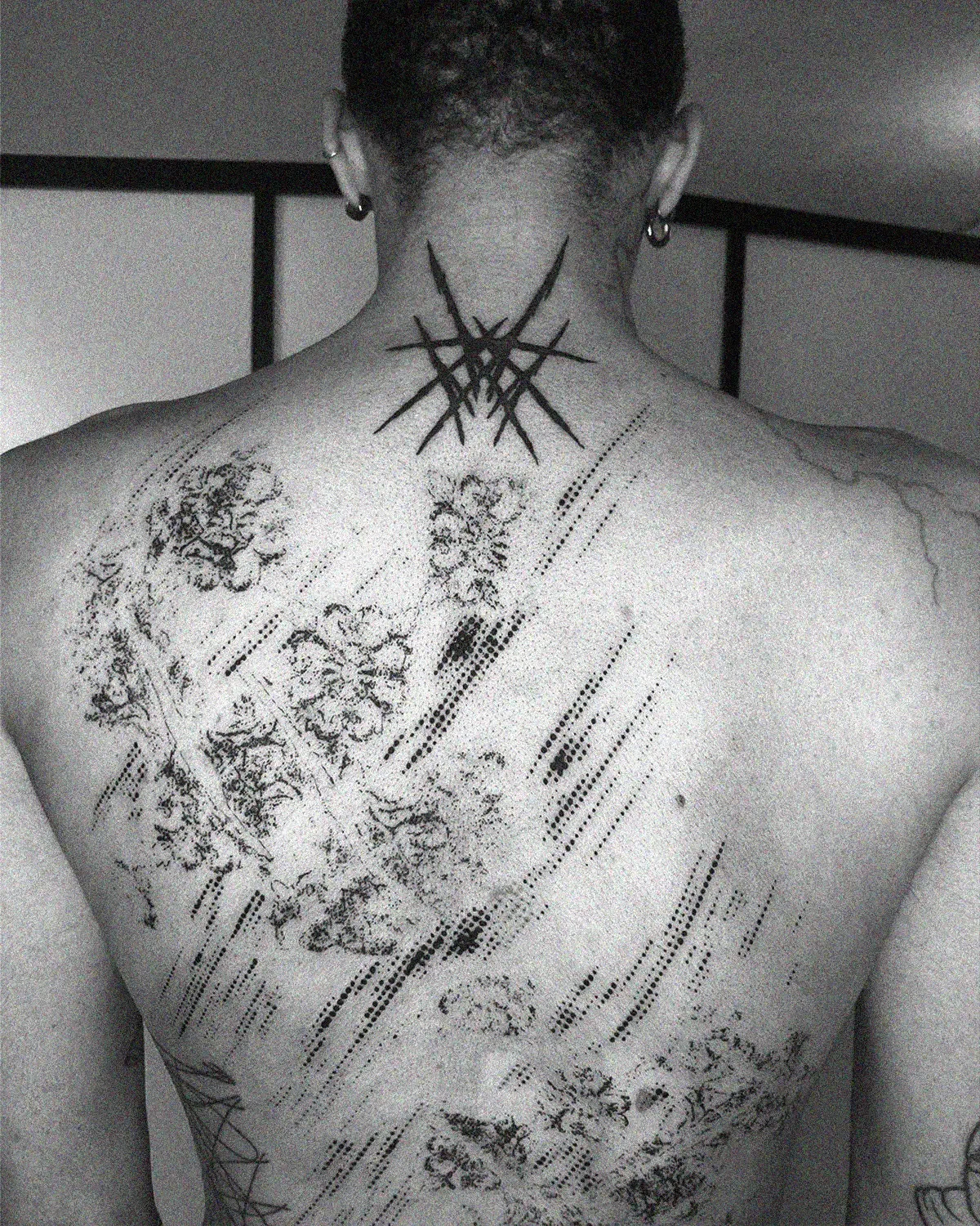 Large scale textured blackwork on back. Abstract symbolic ink composition by ghost.of.catharsis.