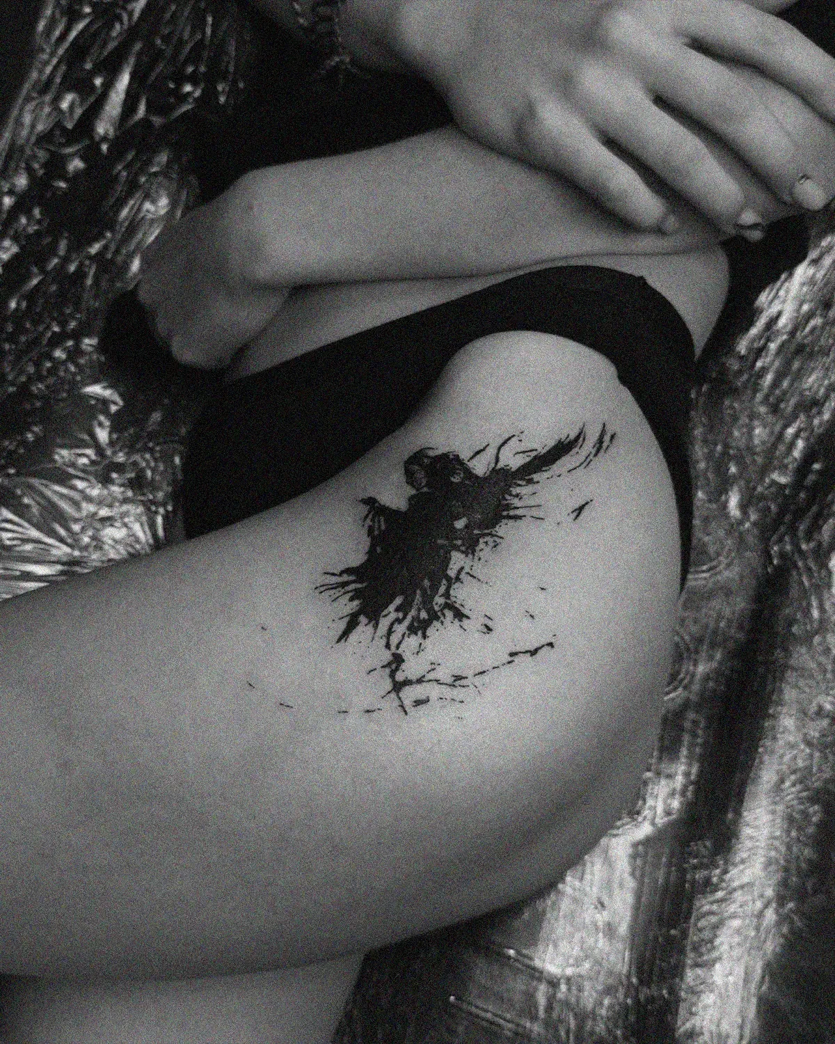 Symbolic abstract tattoo on hip. High-contrast dark aesthetic blackwork study by ghost.of.catharsis.