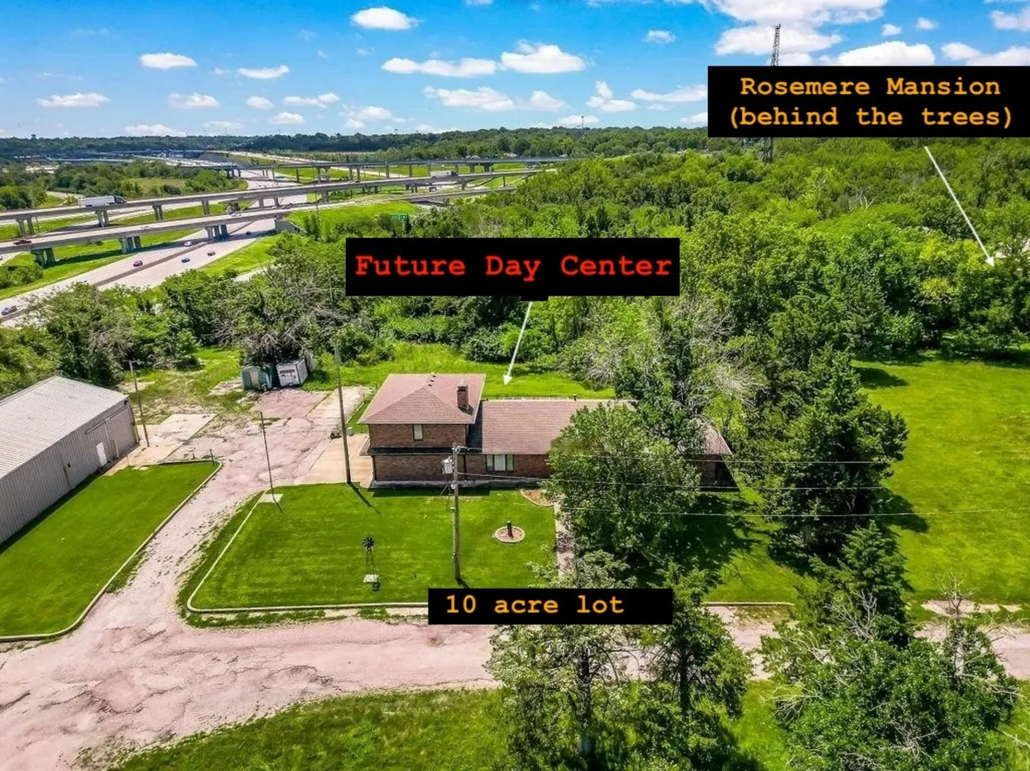 The future Rosemere Day Center building on its 10-acre lot, with the Mansion behind the tree line