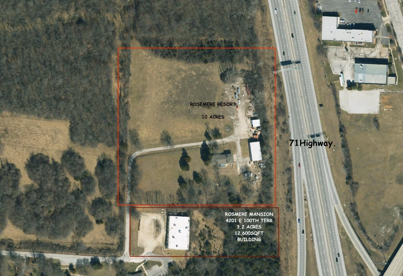 Aerial site plan showing Rosemere Mansion and the adjoining 10-acre Day Center parcel just west of 71 Highway