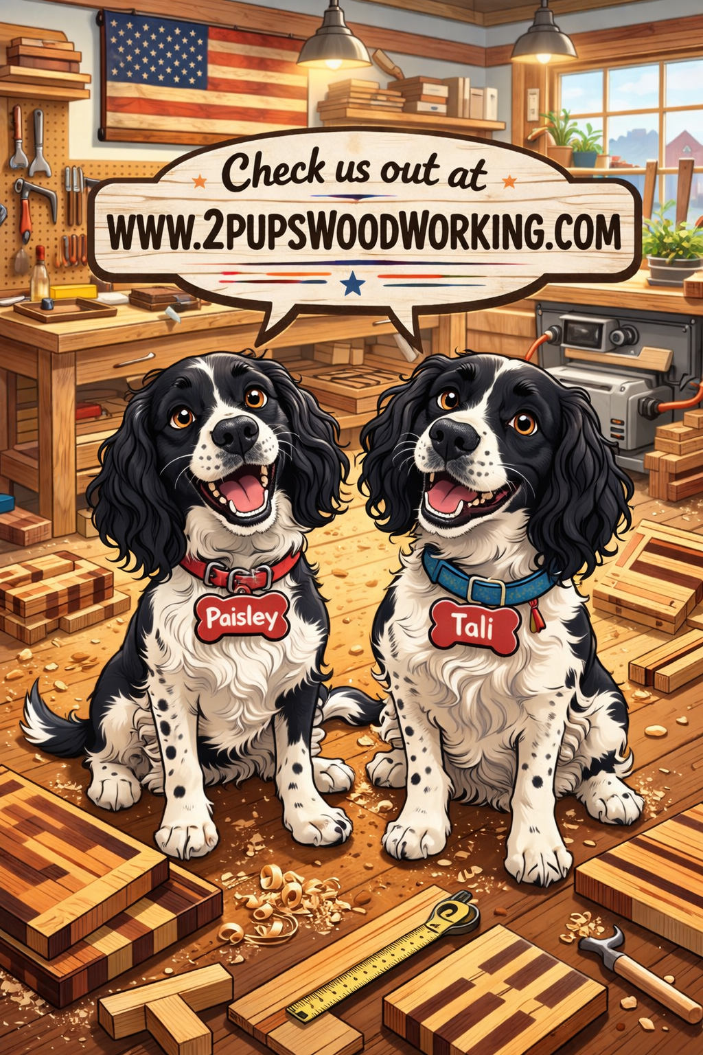 Two black and white spaniel dogs with red and blue collars sitting in a woodworking shop. One dog has a red collar labeled 'Paisley' and the other has a blue collar labeled 'Tali.' They are surrounded by woodworking tools, wood pieces, and shavings. A large American flag hangs on the wall. A speech bubble above them reads, 'Check us out at www.2pupswoodworking.com.'