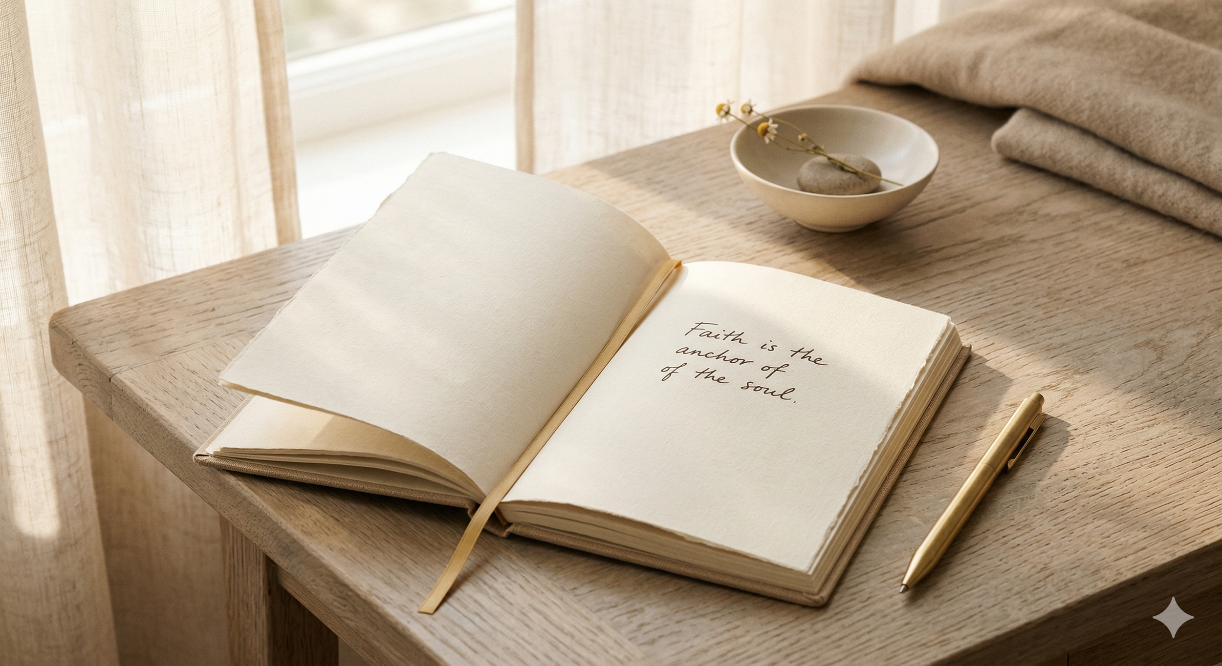 Open notebook with handwritten quote, a gold pen, a small bowl with stone and flower, and folded fabric on a wooden table near sheer curtains.