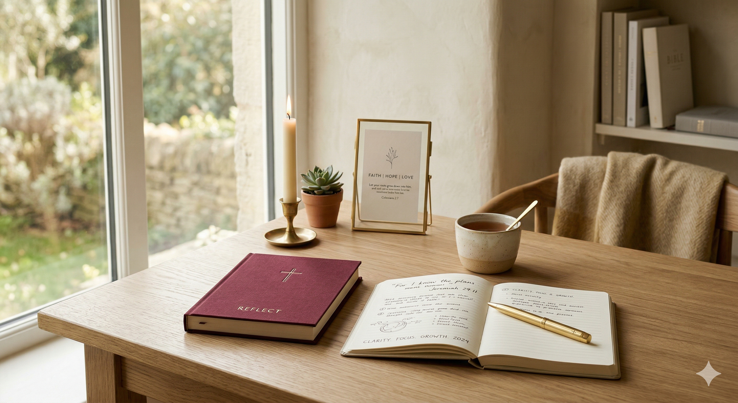 A cozy wooden desk by a window with a lit candle, potted succulent, framed quote about faith, hope, love, a red journal titled 'Reflect', an open notebook with handwritten notes and a gold pen, and a cup of tea with a spoon inside. There's a bookshelf with books and a beige blanket on a chair.